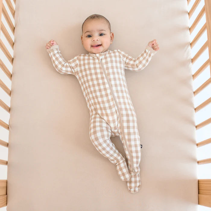 KYTE BABY ZIPPERED FOOTIE IN GINGHAM BISQUE
