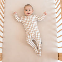 KYTE BABY ZIPPERED FOOTIE IN GINGHAM BISQUE