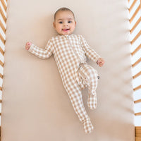KYTE BABY ZIPPERED FOOTIE IN GINGHAM BISQUE