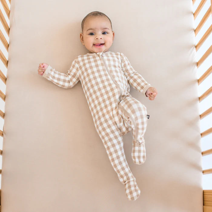 KYTE BABY ZIPPERED FOOTIE IN GINGHAM BISQUE