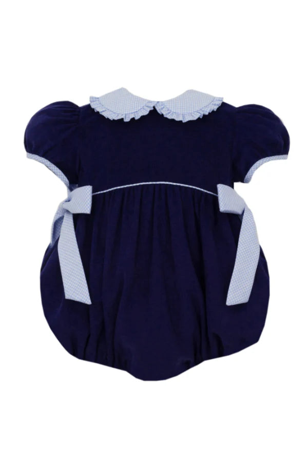 PETIT BEBE NAVY CORDUROY BUBBLE WITH LIGHT BLUE GINGHAM SIDE BOWS