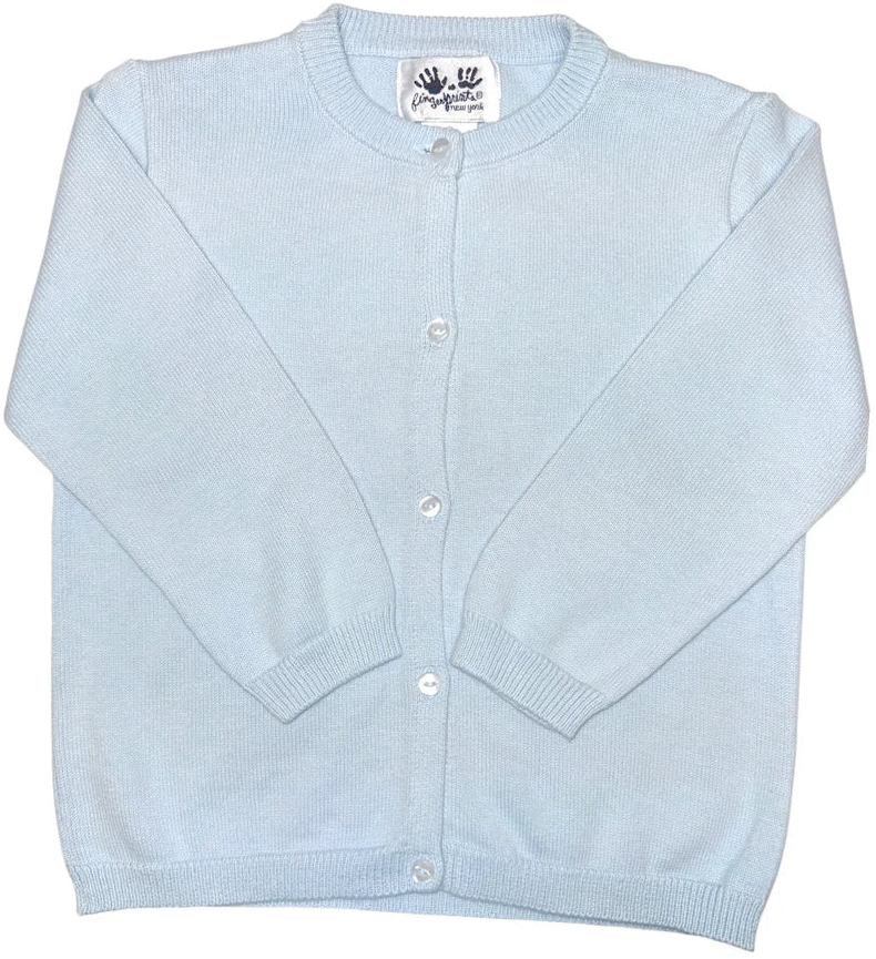 A light blue knit cardigan sweater with a button-up front.