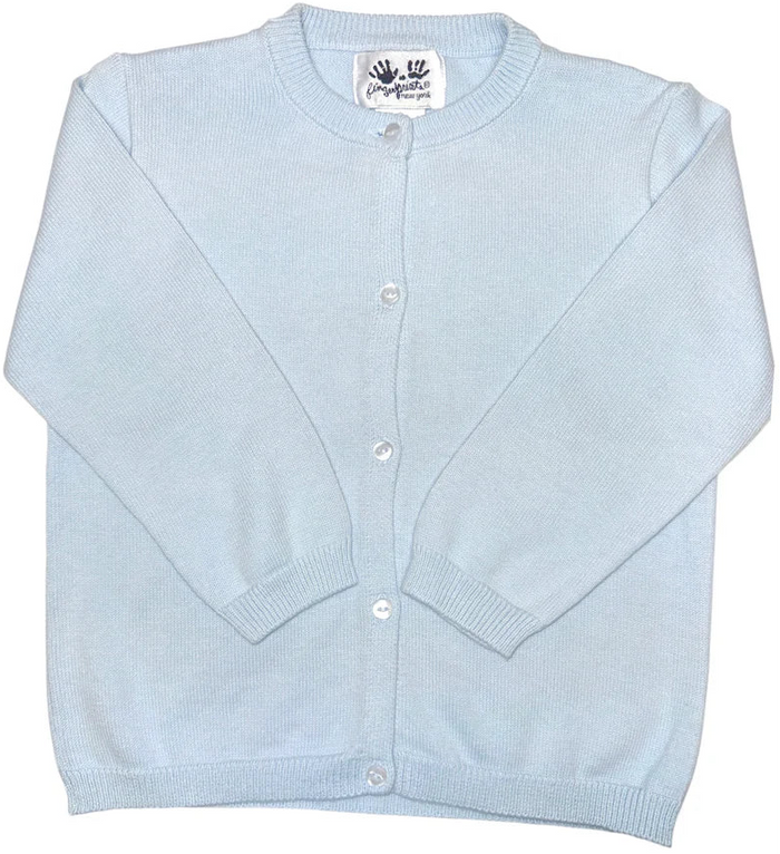 A light blue knit cardigan sweater with a button-up front.