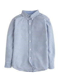 A long-sleeve button-up shirt with a blue and white gingham check pattern, displayed on a clean white background.