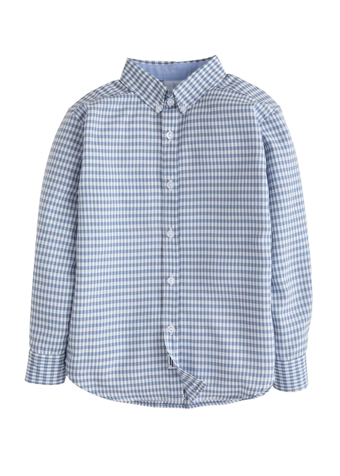 A long-sleeve button-up shirt with a blue and white gingham check pattern, displayed on a clean white background.