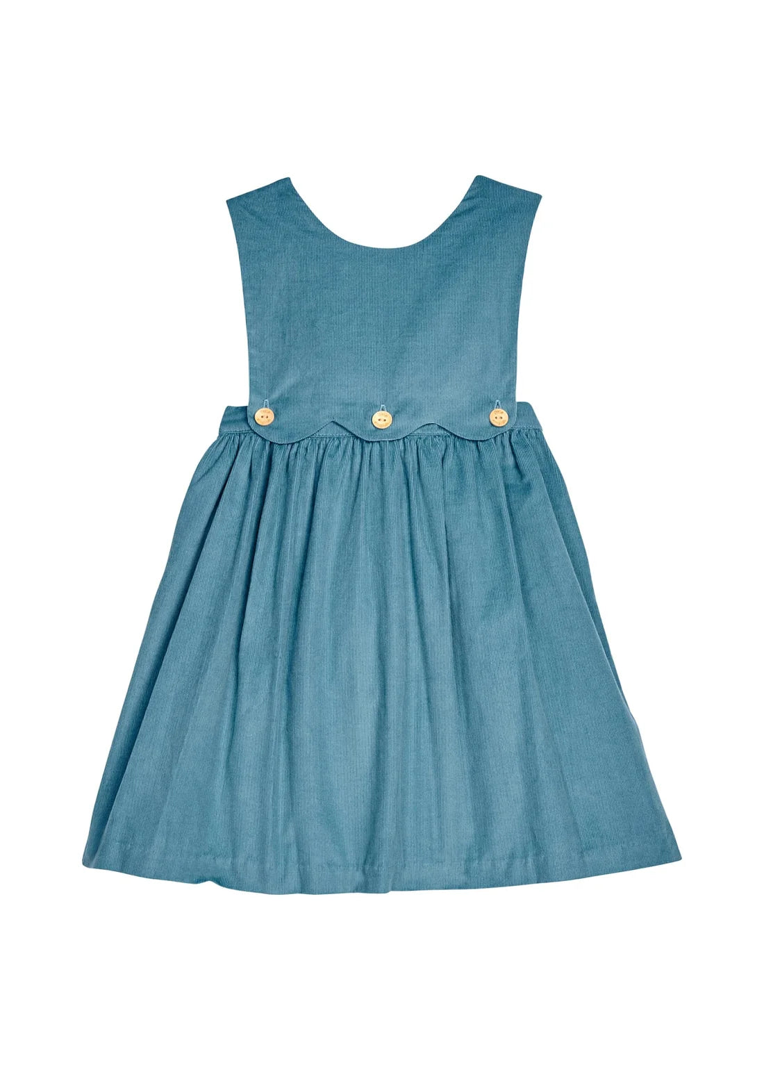 A sleeveless blue dress with a gathered waist and three small gold buttons, shown flat against a white background.