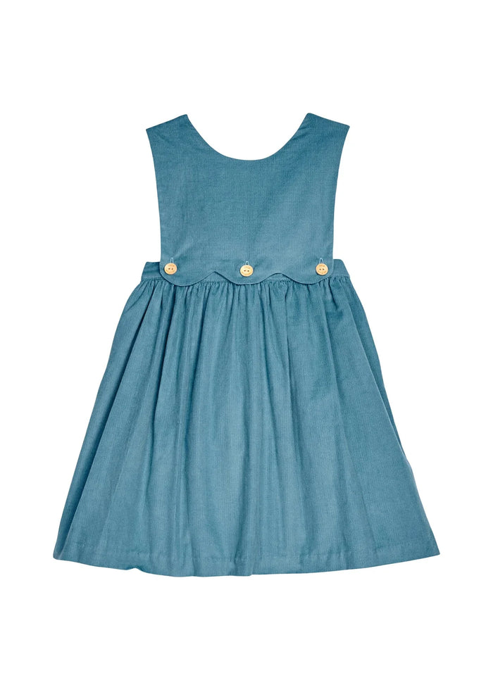 A sleeveless blue dress with a gathered waist and three small gold buttons, shown flat against a white background.