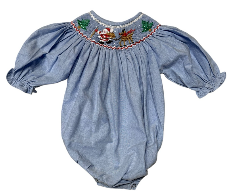 SWEET DREAMS SANTA'S COMING BLUE CHAMBRAY SMOCKED BUBBLE