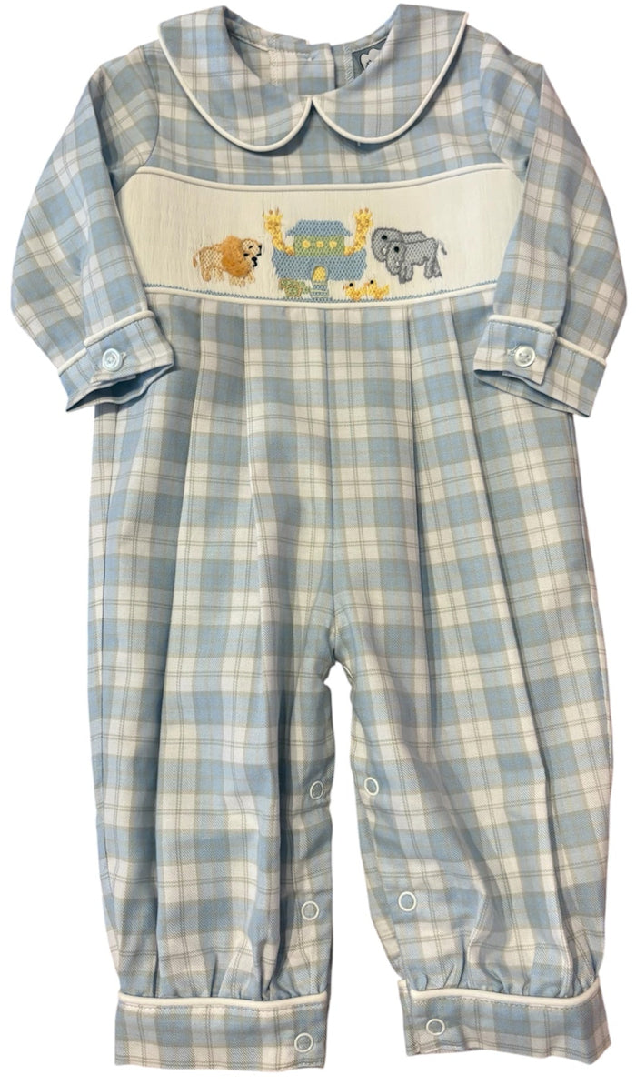 A baby's long-sleeve plaid romper in light blue and cream, featuring a Peter Pan collar, buttoned cuffs, and a decorative chest panel with embroidered animals.
