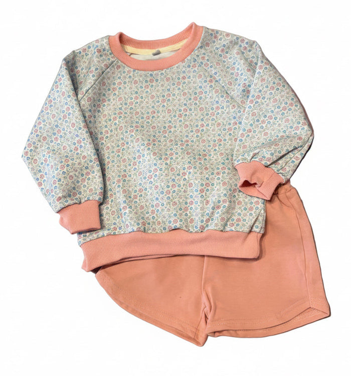 A children's two-piece outfit laid flat on a dusty mauve chair, featuring a long-sleeve top with a light blue, pink, and white floral pattern and solid pink ribbed trim, paired with matching solid pink shorts.