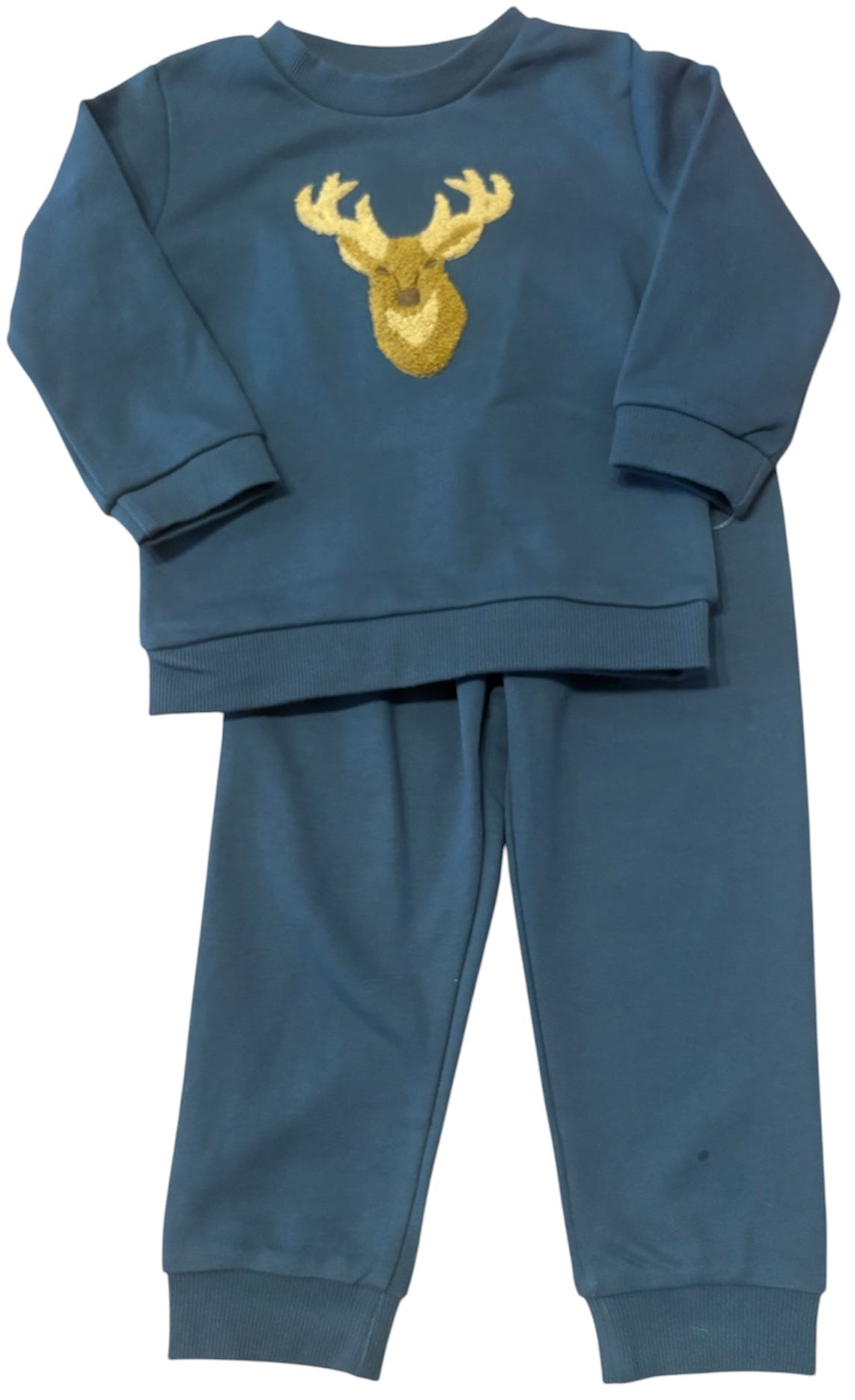 A two-piece kids' loungewear set in slate blue, featuring a long-sleeve sweatshirt with a gold embroidered deer head on the chest and matching jogger pants.
