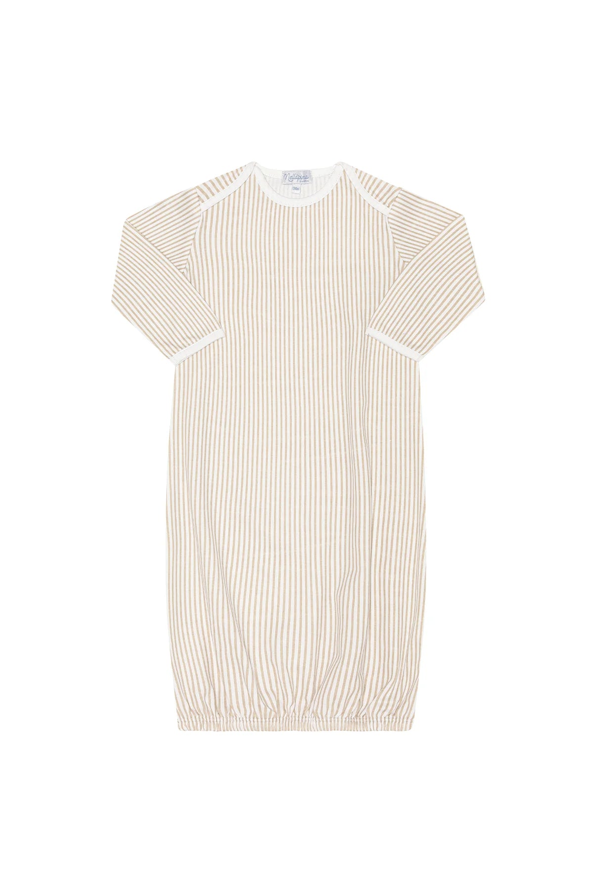 A short-sleeve baby dress with vertical cream and white stripes, featuring a white crew neck and white trim on the sleeve cuffs, laid flat against a white background.