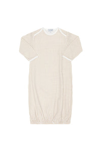 A short-sleeve baby dress with vertical cream and white stripes, featuring a white crew neck and white trim on the sleeve cuffs, laid flat against a white background.