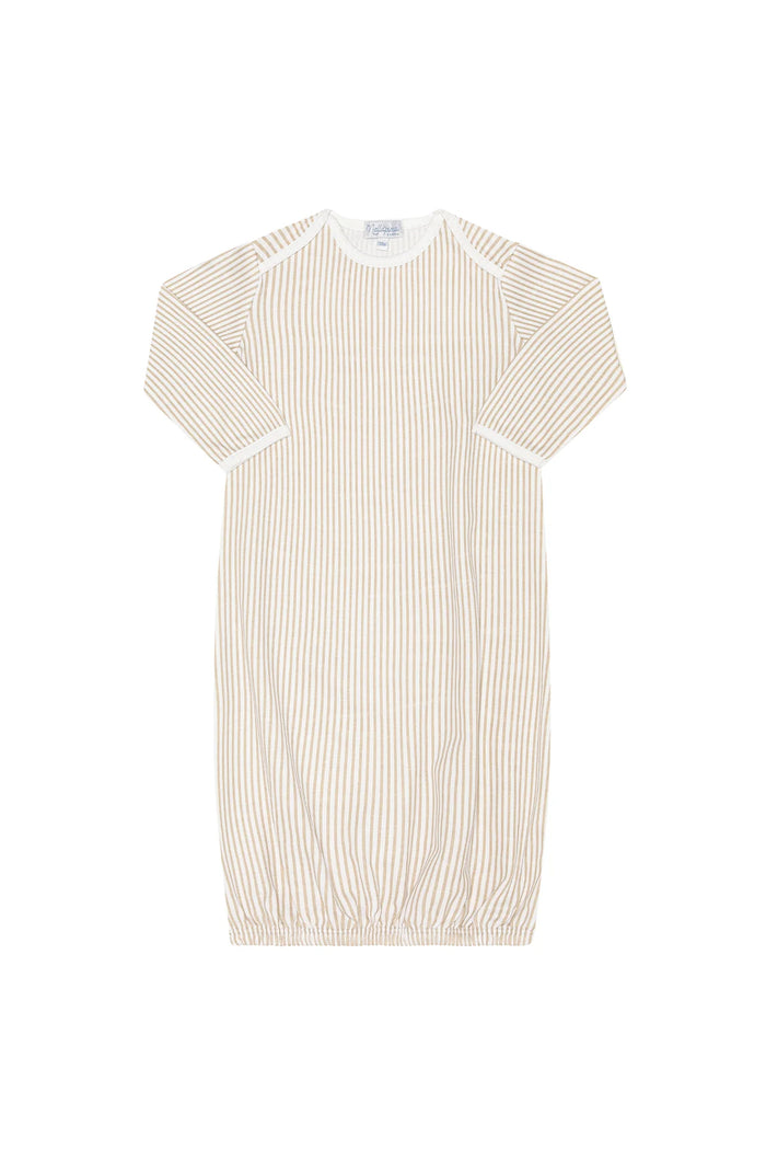 A short-sleeve baby dress with vertical cream and white stripes, featuring a white crew neck and white trim on the sleeve cuffs, laid flat against a white background.