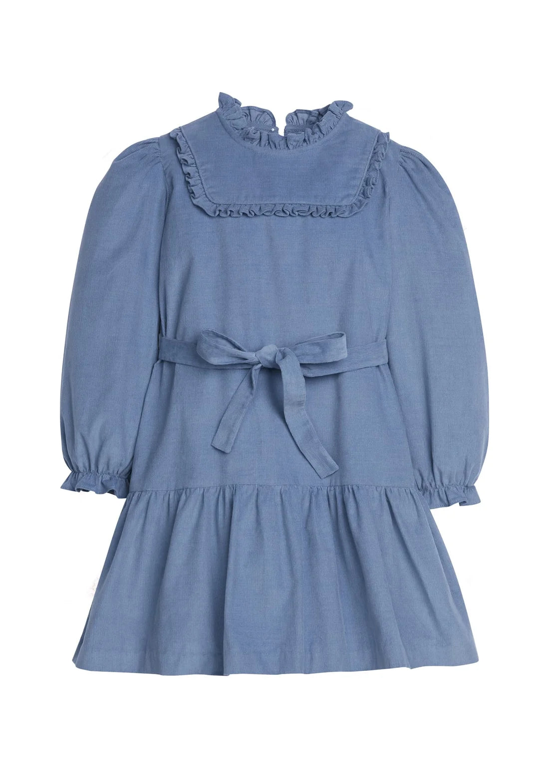 A dusty blue long-sleeve children's dress with a ruffled collar, matching fabric tie belt at the waist, and a gathered skirt, shown against a plain white background.