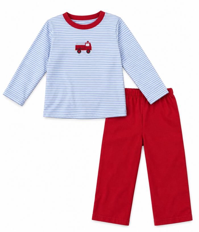 A two-piece children's outfit set featuring a light blue and white striped long-sleeve shirt with a red crew neck and a small red fire truck applique on the chest, paired with solid red pants.