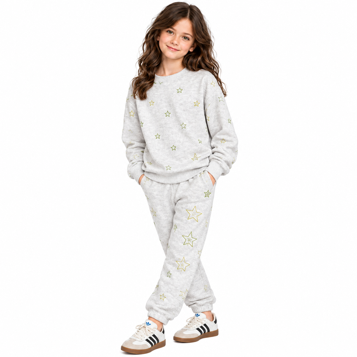 A young girl modeling a light gray heathered two-piece sweatshirt and jogger set, decorated with scattered gold star patterns. She is wearing white sneakers with black stripes, set against a plain white studio background.