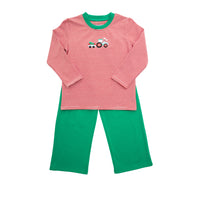 A two-piece children's pajama set featuring a long-sleeve top with red and white horizontal stripes, a green collar, and a small tractor graphic on the chest, paired with solid green pants, shown flat on a white background.