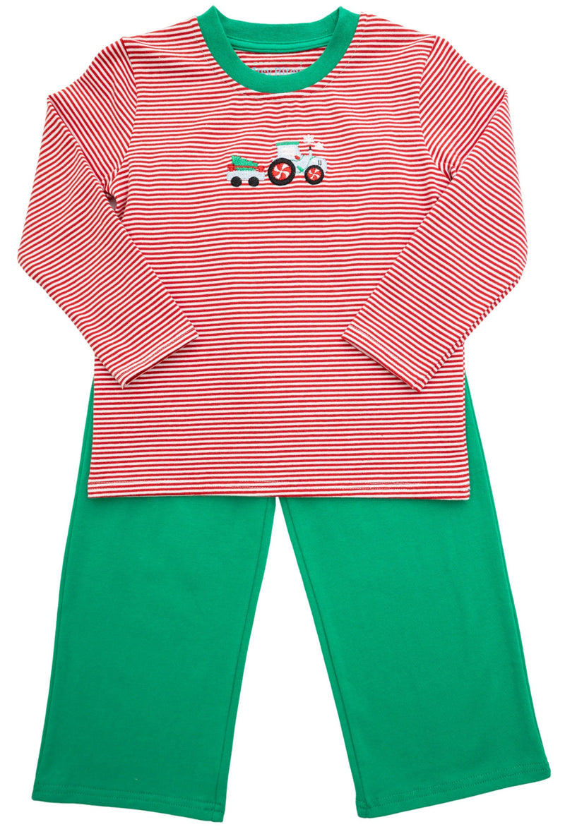 A two-piece children's pajama set featuring a long-sleeve top with red and white horizontal stripes, a green collar, and a small tractor graphic on the chest, paired with solid green pants, shown flat on a white background.
