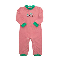 A baby long-sleeve footless one-piece sleeper with red and white horizontal stripes, green ribbed collar, cuffs, and hem, featuring a small tractor graphic on the chest.