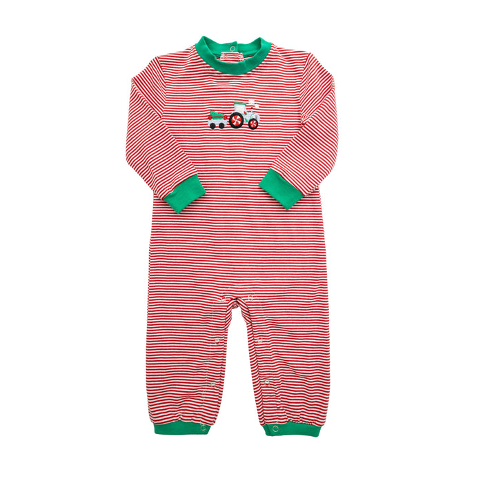 A baby long-sleeve footless one-piece sleeper with red and white horizontal stripes, green ribbed collar, cuffs, and hem, featuring a small tractor graphic on the chest.