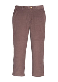 A pair of straight-leg trousers in a dusty mauve-brown fabric, featuring a button closure and belt loops, shown against a plain white background.