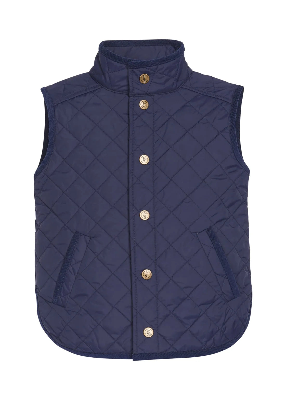 A navy blue quilted puffer vest with a high stand-up collar and gold-tone snap buttons, shown against a plain white background.