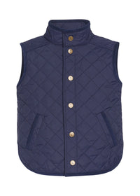A navy blue quilted puffer vest with a high stand-up collar and gold-tone snap buttons, shown against a plain white background.