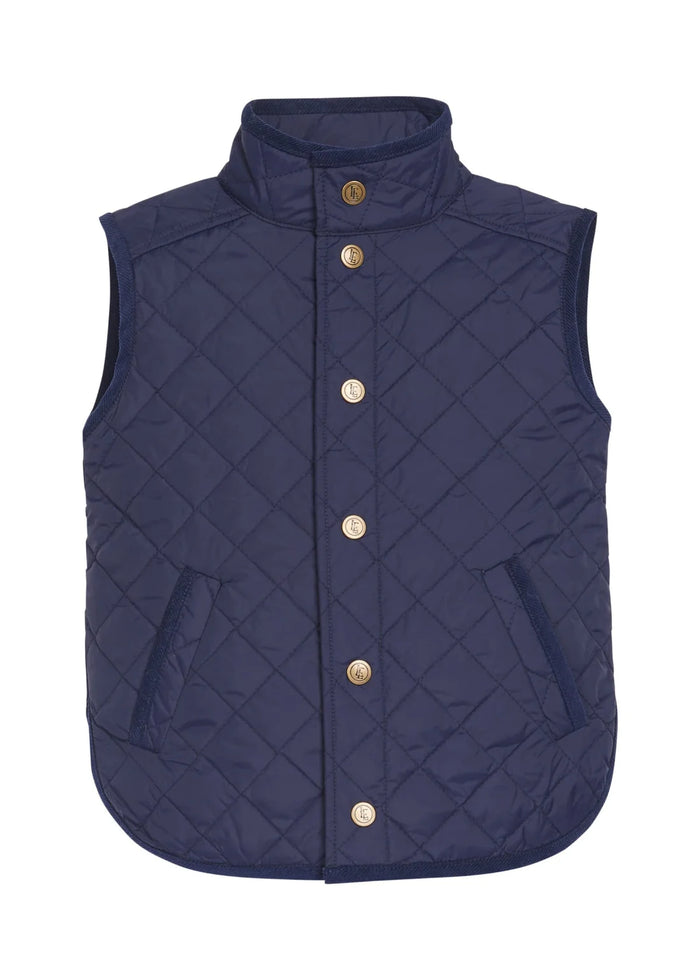 A navy blue quilted puffer vest with a high stand-up collar and gold-tone snap buttons, shown against a plain white background.