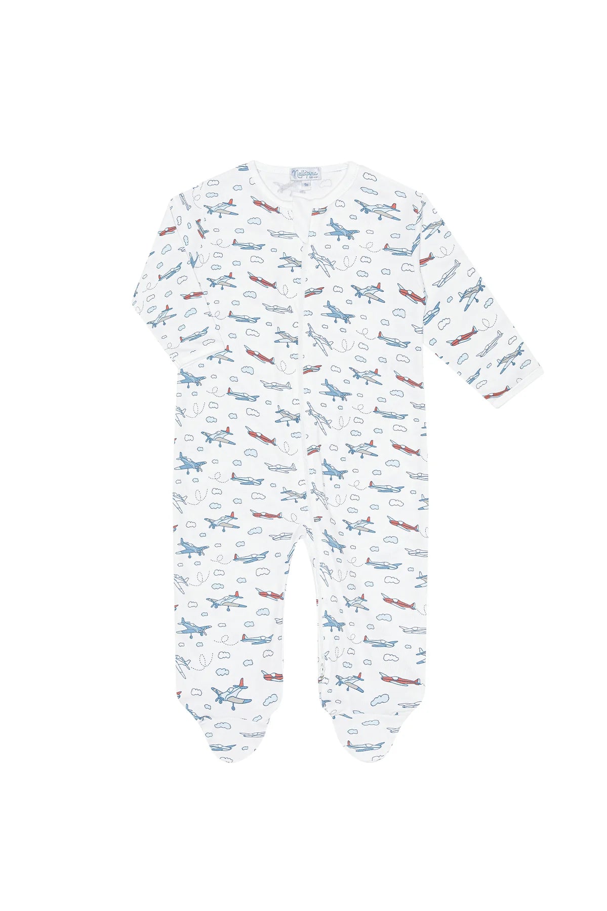 A baby long-sleeve footed sleeper with an all-over airplane print on a white background.