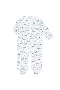 A baby long-sleeve footed sleeper with an all-over airplane print on a white background.