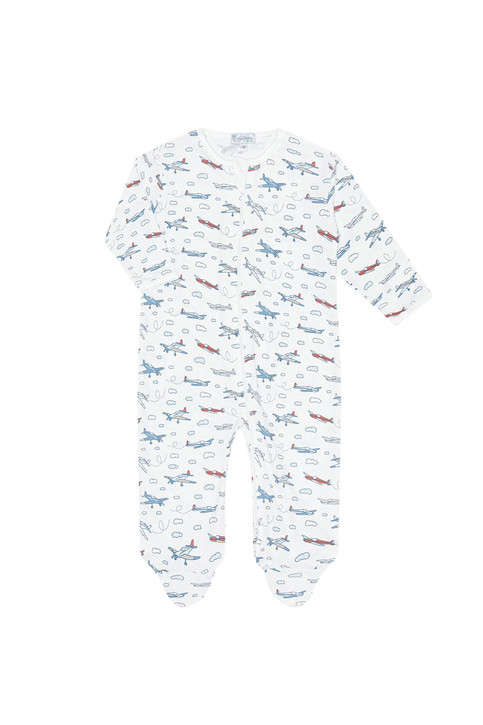 A baby long-sleeve footed sleeper with an all-over airplane print on a white background.