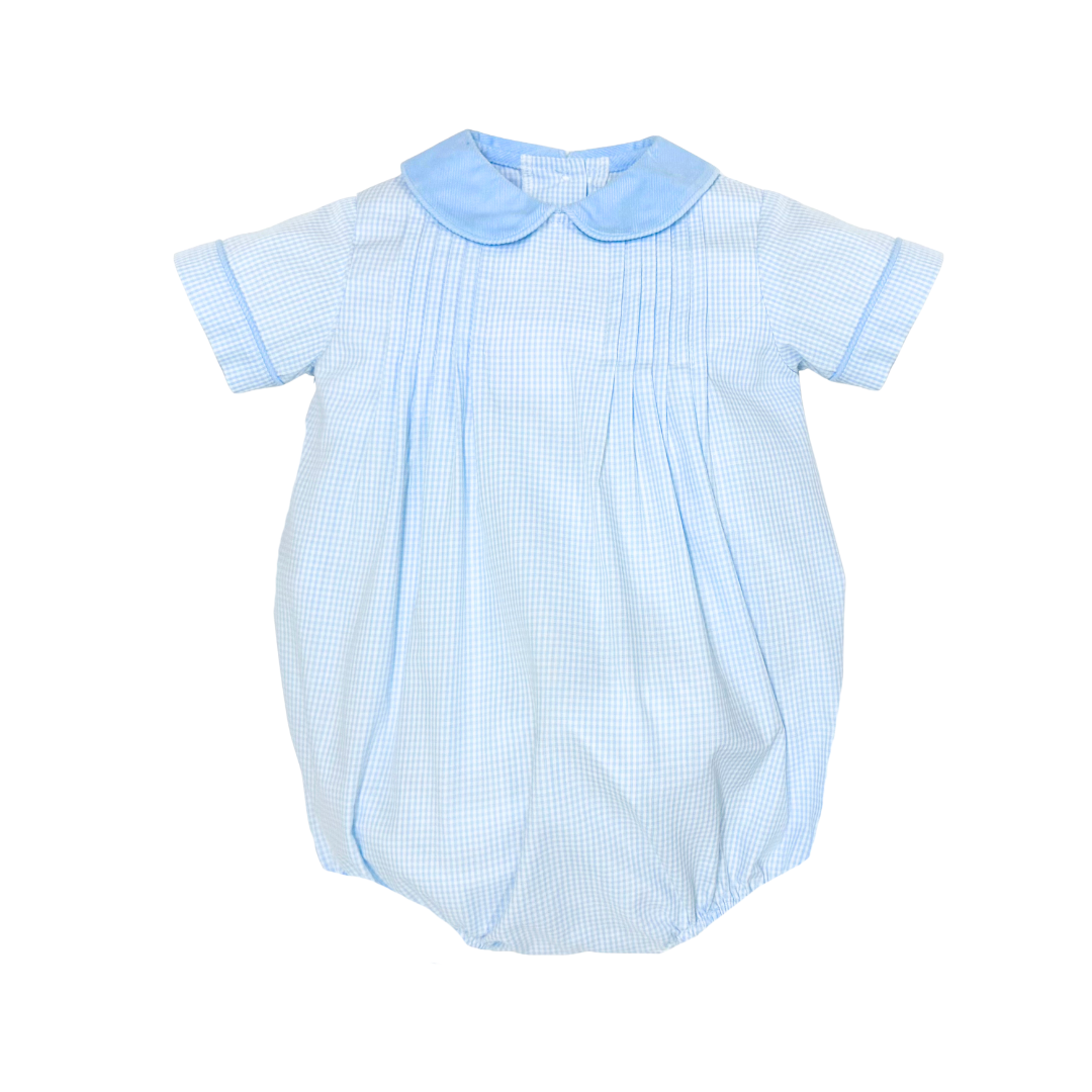 A baby short-sleeve romper in a light blue and white gingham pattern, featuring a solid light blue Peter Pan collar and matching piping on the sleeve edges.