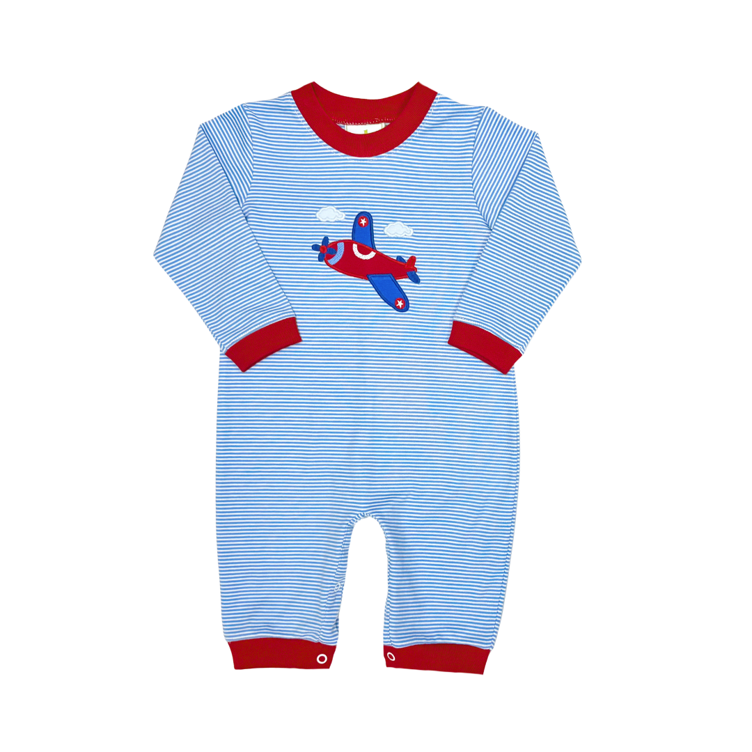 A baby long-sleeve footless onesie with light blue and white horizontal stripes, featuring a red crew neck, red cuffs, and a red and blue airplane graphic on the chest.