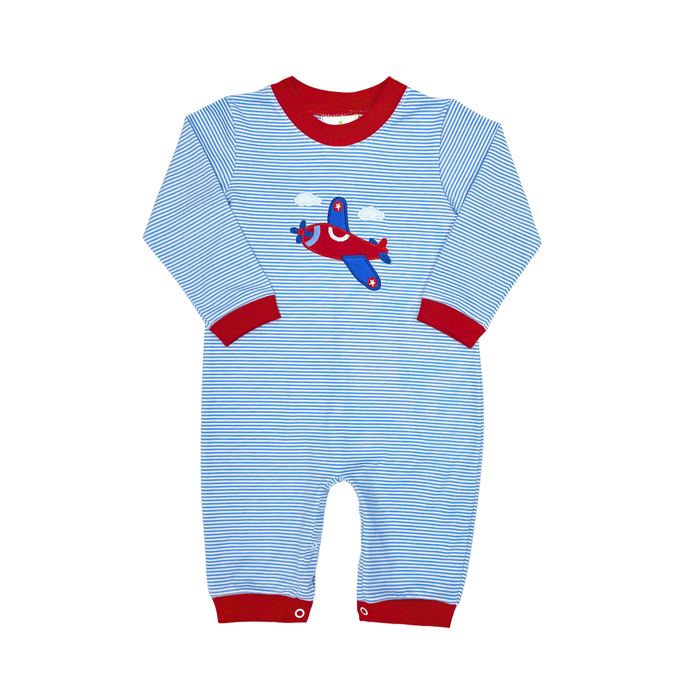 A baby long-sleeve footless onesie with light blue and white horizontal stripes, featuring a red crew neck, red cuffs, and a red and blue airplane graphic on the chest.