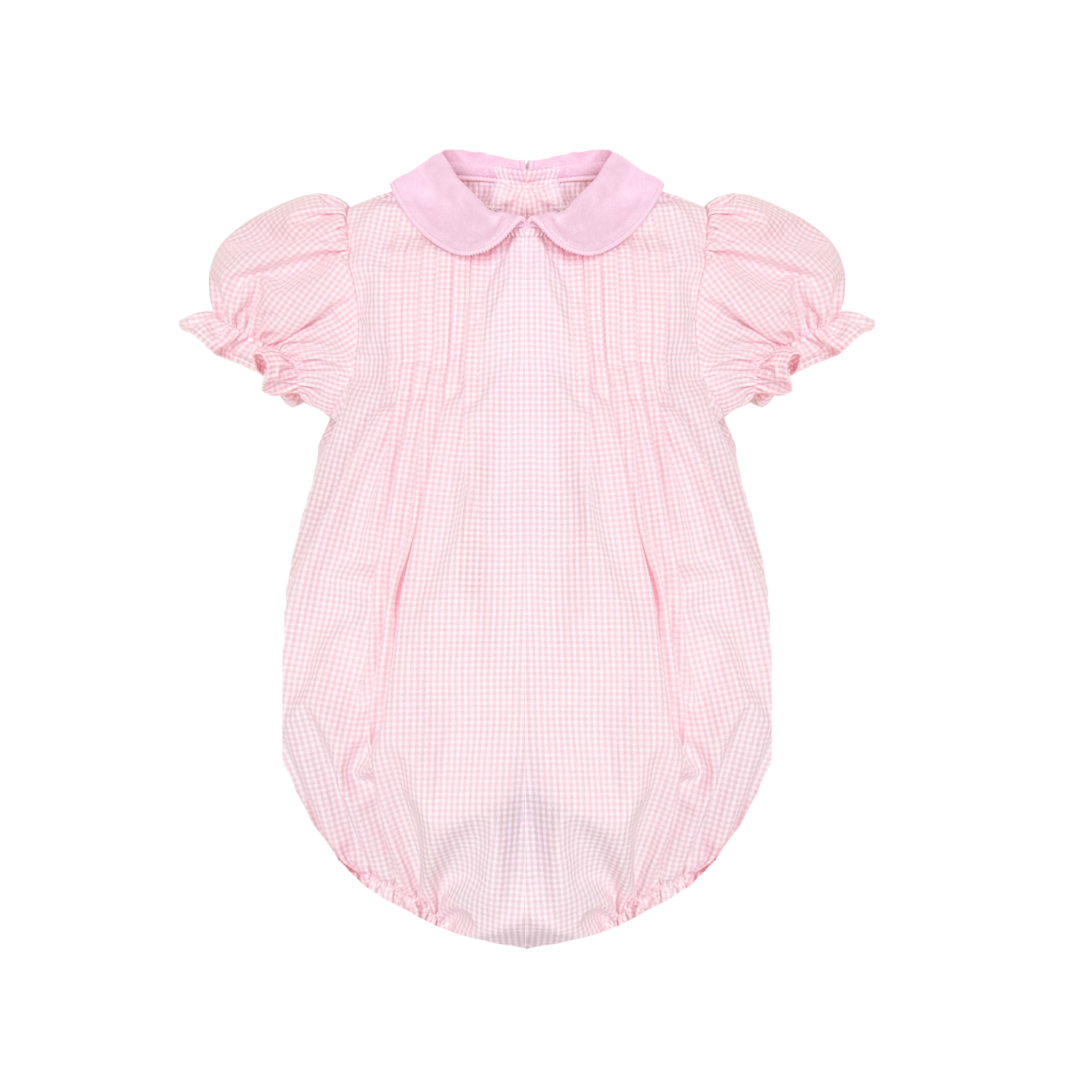 A pink and white gingham baby romper with a solid pink Peter Pan collar, short puff sleeves, and a gathered elastic bottom, shown on a plain white background.