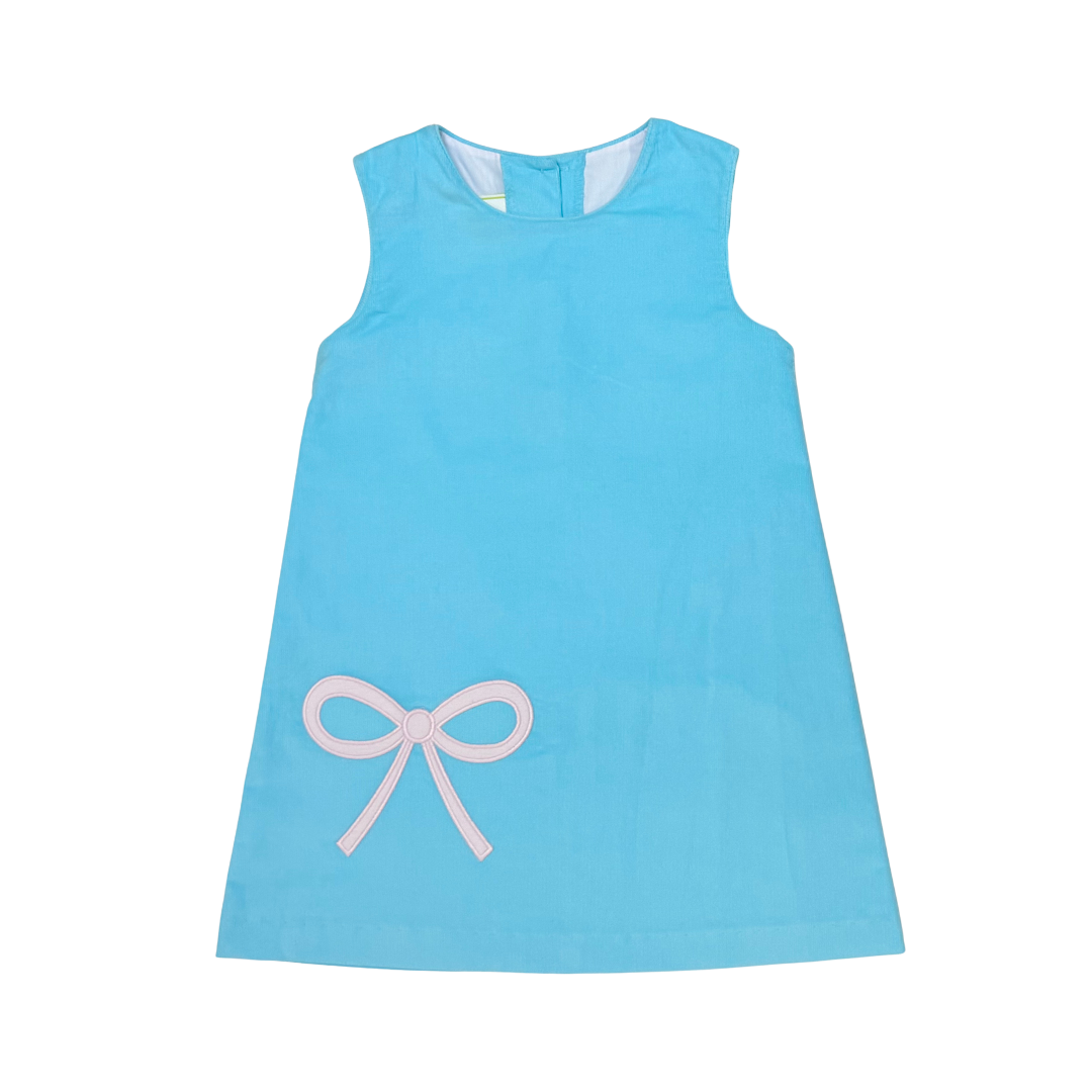 blue dress with pink bow
