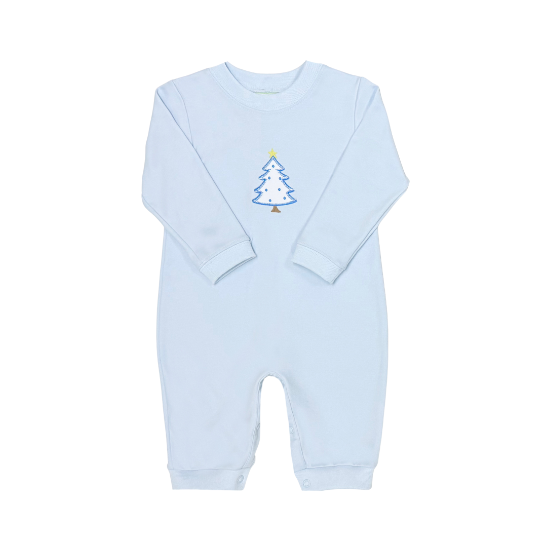 A light blue long-sleeve baby footless one-piece jumpsuit with a small embroidered Christmas tree graphic on the chest, shown against a plain white background.