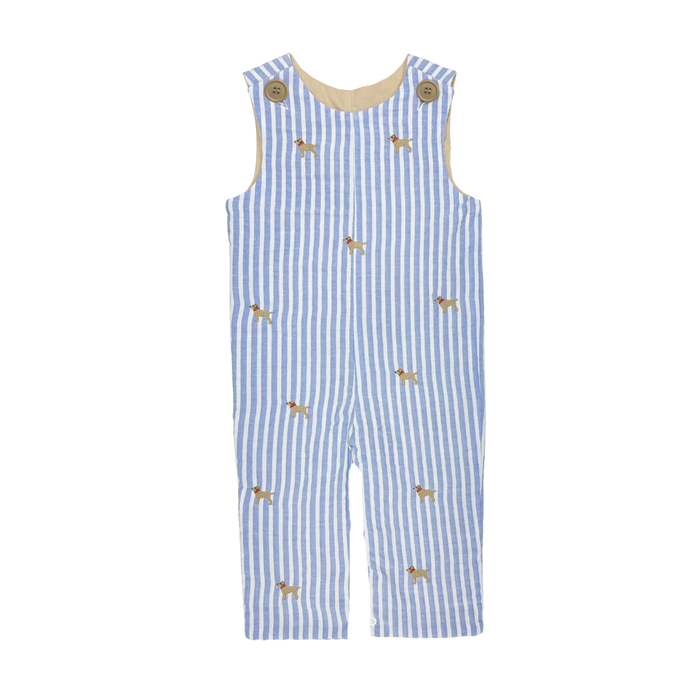 A sleeveless baby romper with vertical blue and white stripes, decorated with small embroidered horses, and featuring a beige inner collar with two snap buttons.