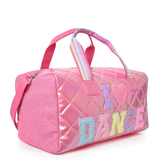 OMG ACCESSORIES I LOVE DANCE QUILTED METALLIC LARGE DUFFLE BAG