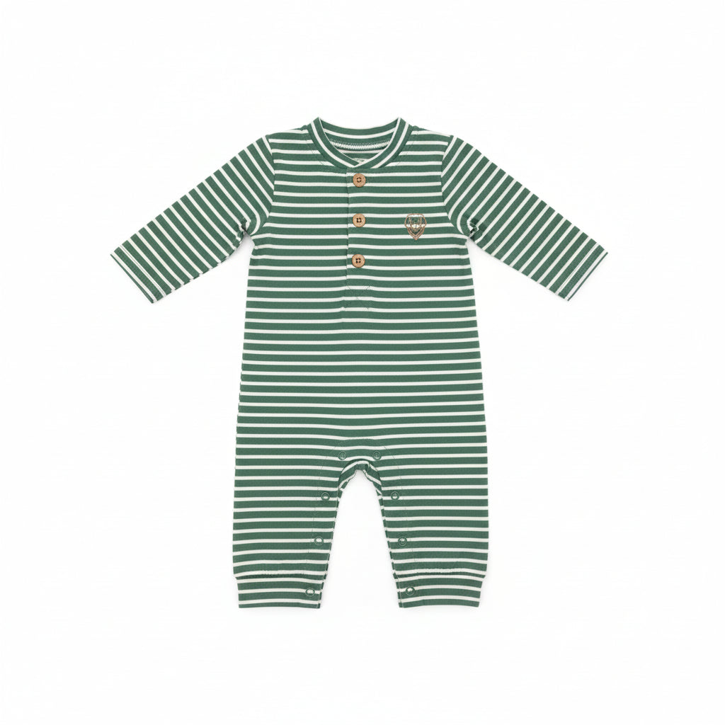 A baby long-sleeve romper with green and white horizontal stripes, featuring a three-button henley neckline and a small embroidered heart logo on the chest, hanging on a clear plastic hanger.