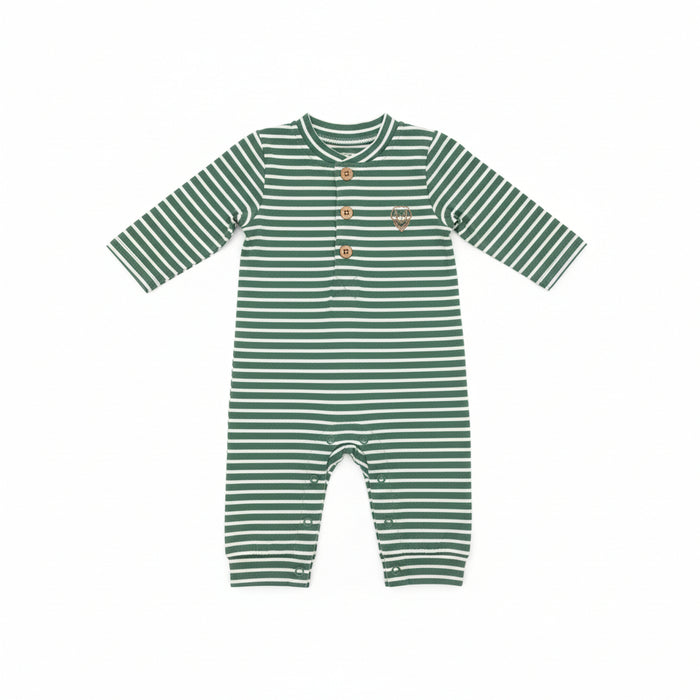 A baby long-sleeve romper with green and white horizontal stripes, featuring a three-button henley neckline and a small embroidered heart logo on the chest, hanging on a clear plastic hanger.