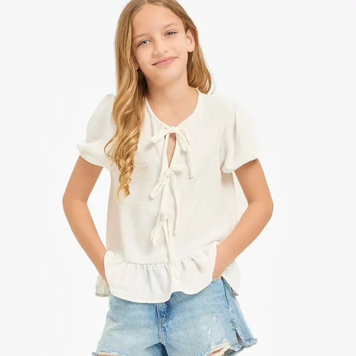 GOOD GIRL RIBBON TIE FRONT RUFFLE BLOUSE