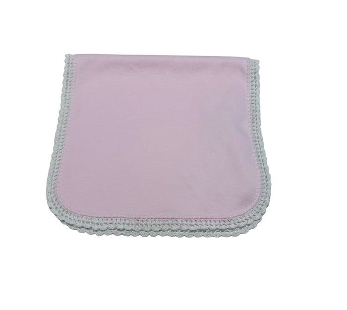 AURALUZ KNIT BURP CLOTH PINK WITH WHITE CROCHET TRIM