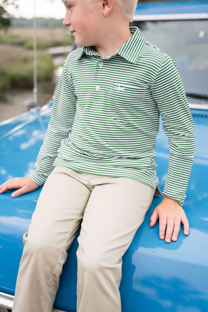 SALTWATER BOYS INSHORE PERFORMANCE POLO GREEN STRIPE