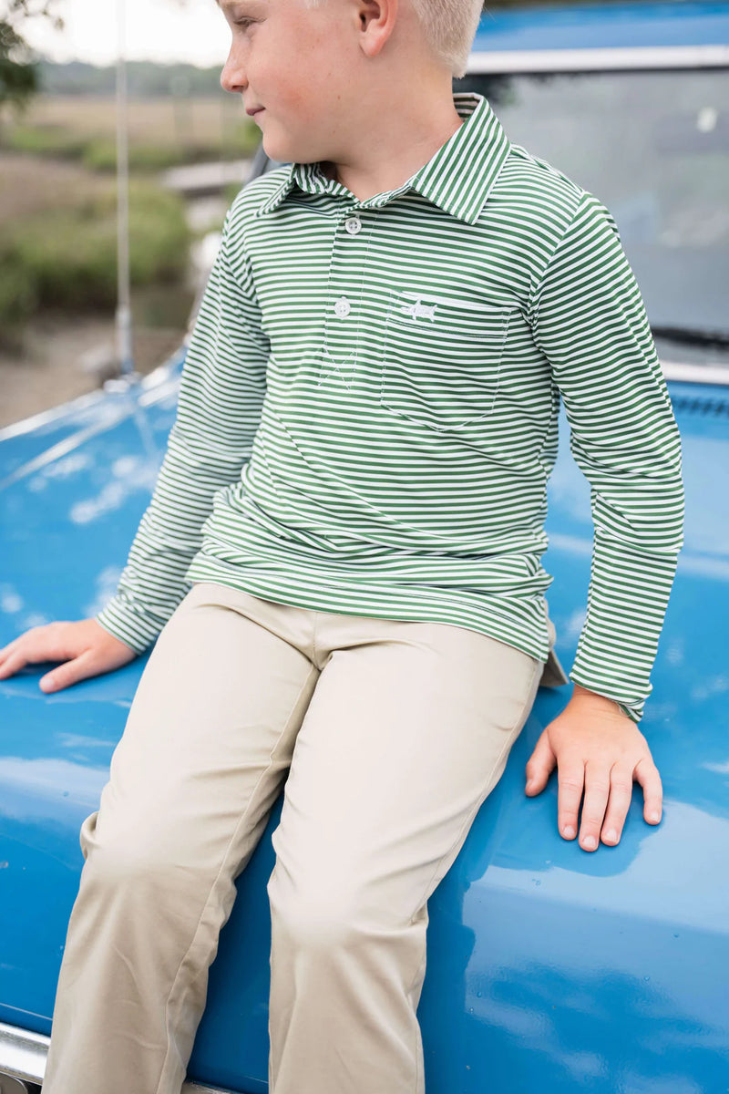SALTWATER BOYS INSHORE PERFORMANCE POLO GREEN STRIPE