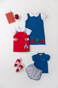 TBBC ANNIE APRON DRESS WOOD BOAT BLUE/RICHMOND RED/APPLES