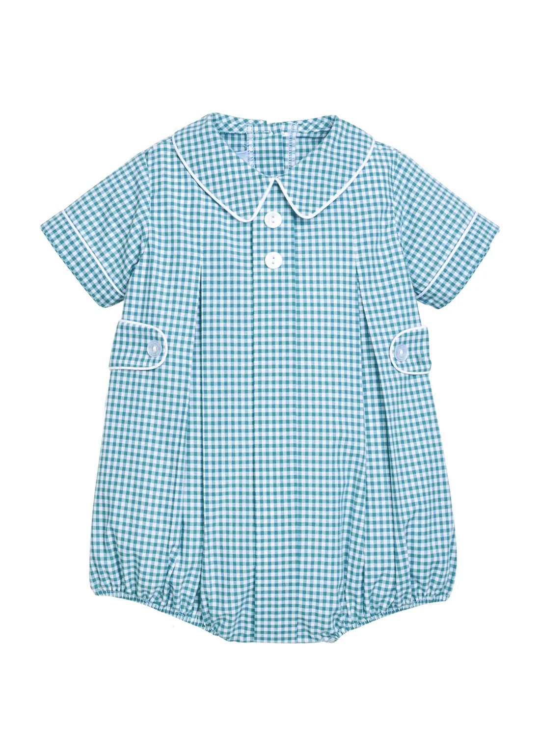 A short-sleeve baby romper in a light blue and white gingham check pattern, featuring a Peter Pan collar, white piping, and a small white heart-shaped button at the center chest.