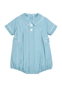 A short-sleeve baby romper in a light blue and white gingham check pattern, featuring a Peter Pan collar, white piping, and a small white heart-shaped button at the center chest.
