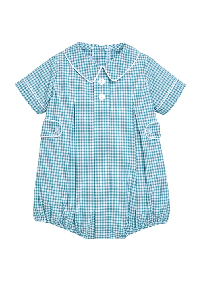 A short-sleeve baby romper in a light blue and white gingham check pattern, featuring a Peter Pan collar, white piping, and a small white heart-shaped button at the center chest.